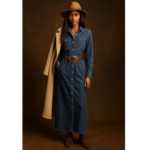 Ralph Lauren Dress Petite Small Lauren Jeans Co. Midi Denim Blue Western Classic - Picture 1 of 7